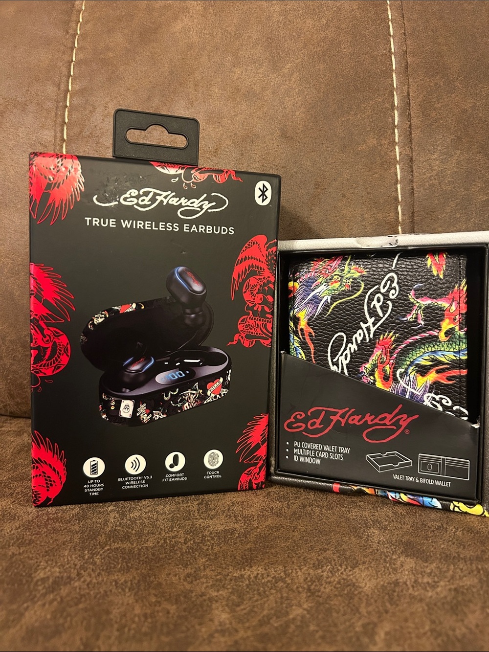 Ed Hardy True Wireless Earbuds - Black with Multicolor Design & Men Wallet